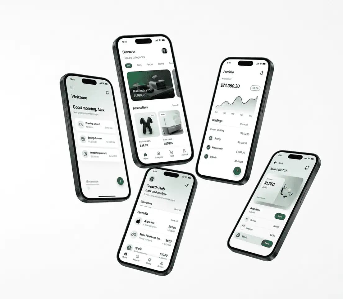 Mobile app interfaces on smartphone mockups